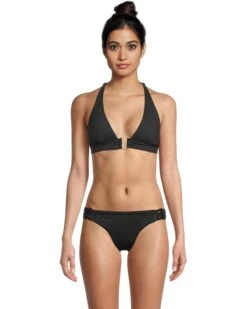 BECCA Modern Edge Rib Mira Buckle Halter Top | Swimwear