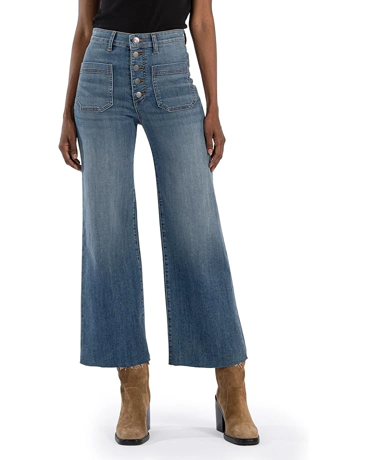 KUT from the Kloth Petite Meg High-Rise Wide Leg Exposed Button Raw Hem Patch Pockets in Prevent | Jeans 3 KUT from the Kloth Petite Meg High-Rise Wide Leg Exposed Button Raw Hem Patch Pockets in Prevent | Jeans